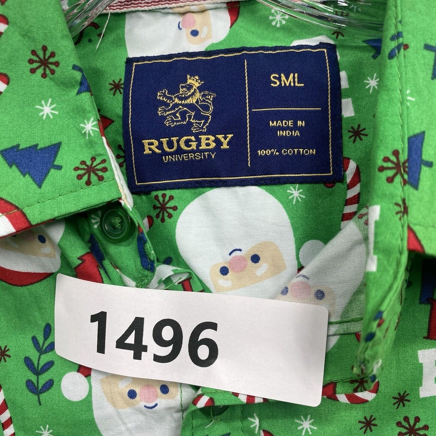 Rugby University Shirt Mens SML Green Button Down Short Sleeve Green Santa