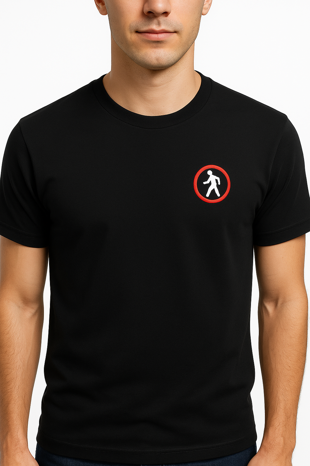 Black Pedestrian Logo T-Shirt – Embroidered Streetwear Tee | Minimal Urban Style