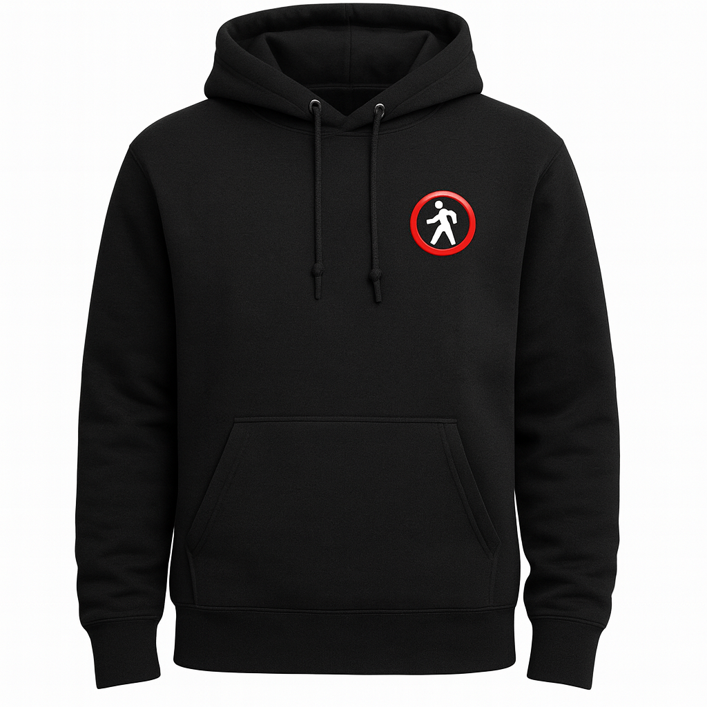 Black Pedestrian Logo Hoodie – Embroidered Streetwear Pullover | Urban Minimal Style