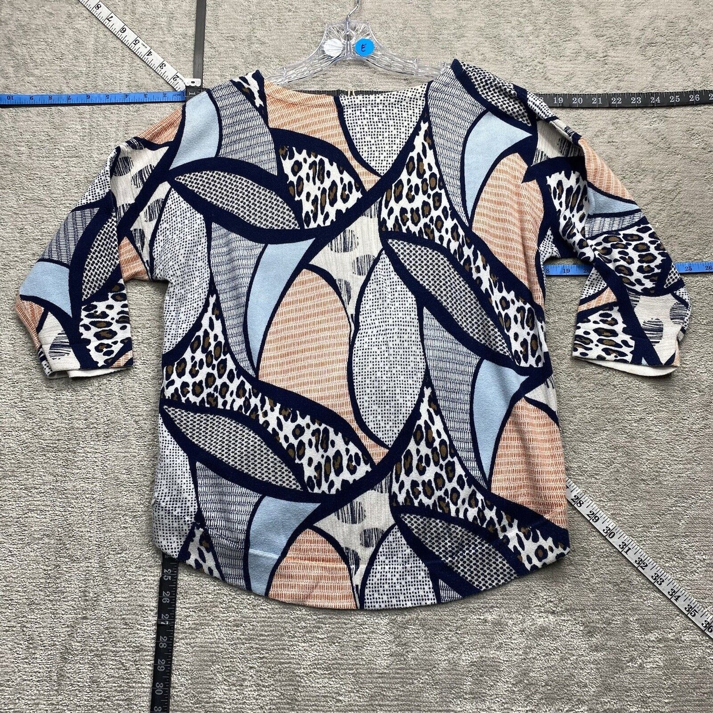 Chicos Blouse Women's Size Blue Short Sleeve Crew Neck Leopard Top