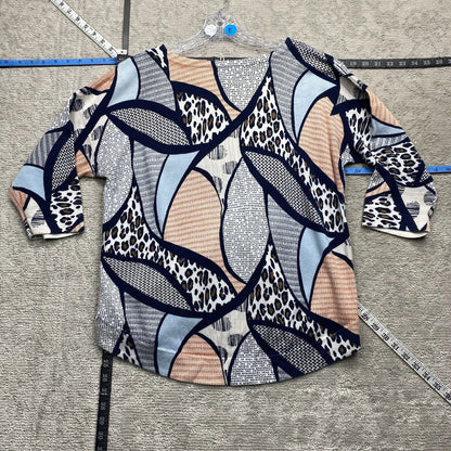 Chicos Blouse Women's Size Blue Short Sleeve Crew Neck Leopard Top