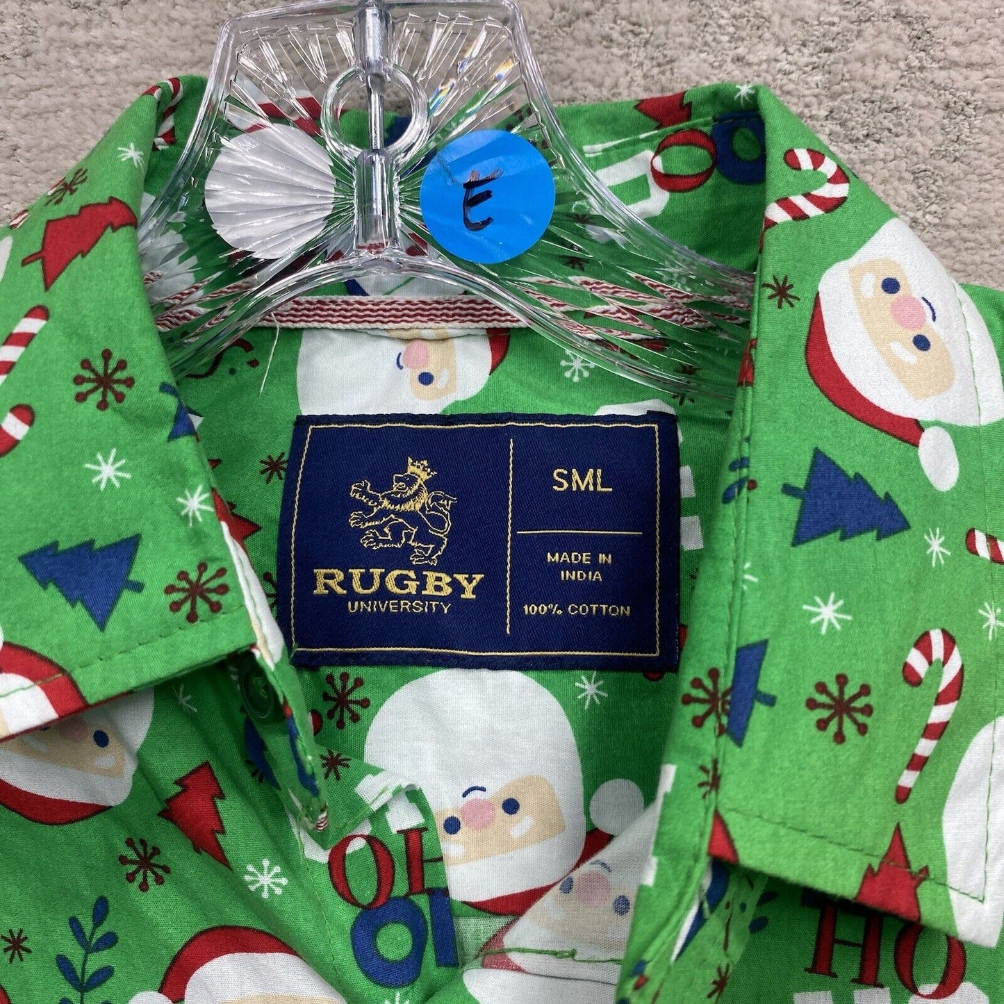 Rugby University Shirt Mens SML Green Button Down Short Sleeve Green Santa