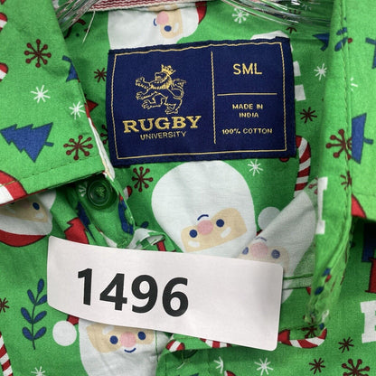 Rugby University Shirt Mens SML Green Button Down Short Sleeve Green Santa