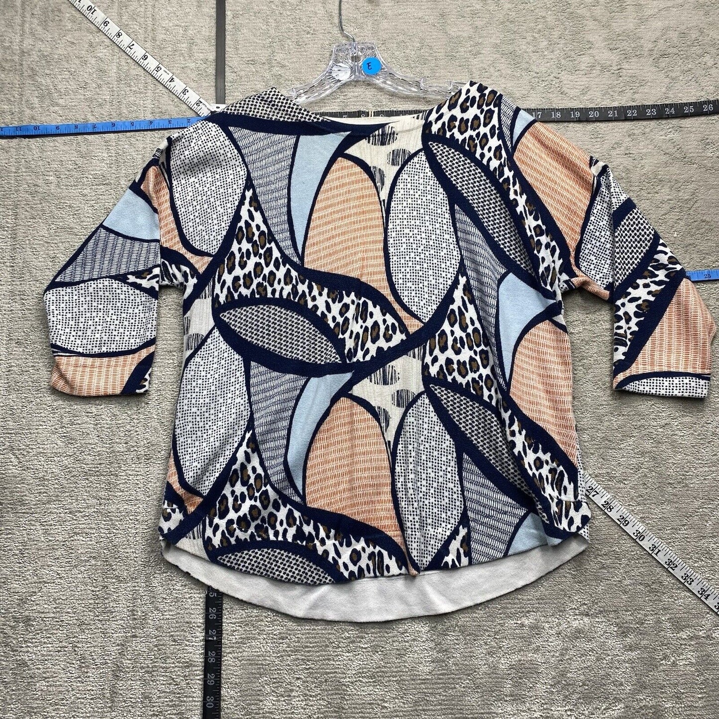 Chicos Blouse Women's Size Blue Short Sleeve Crew Neck Leopard Top