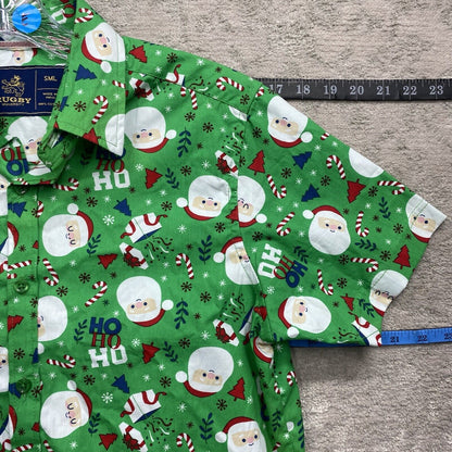 Rugby University Shirt Mens SML Green Button Down Short Sleeve Green Santa
