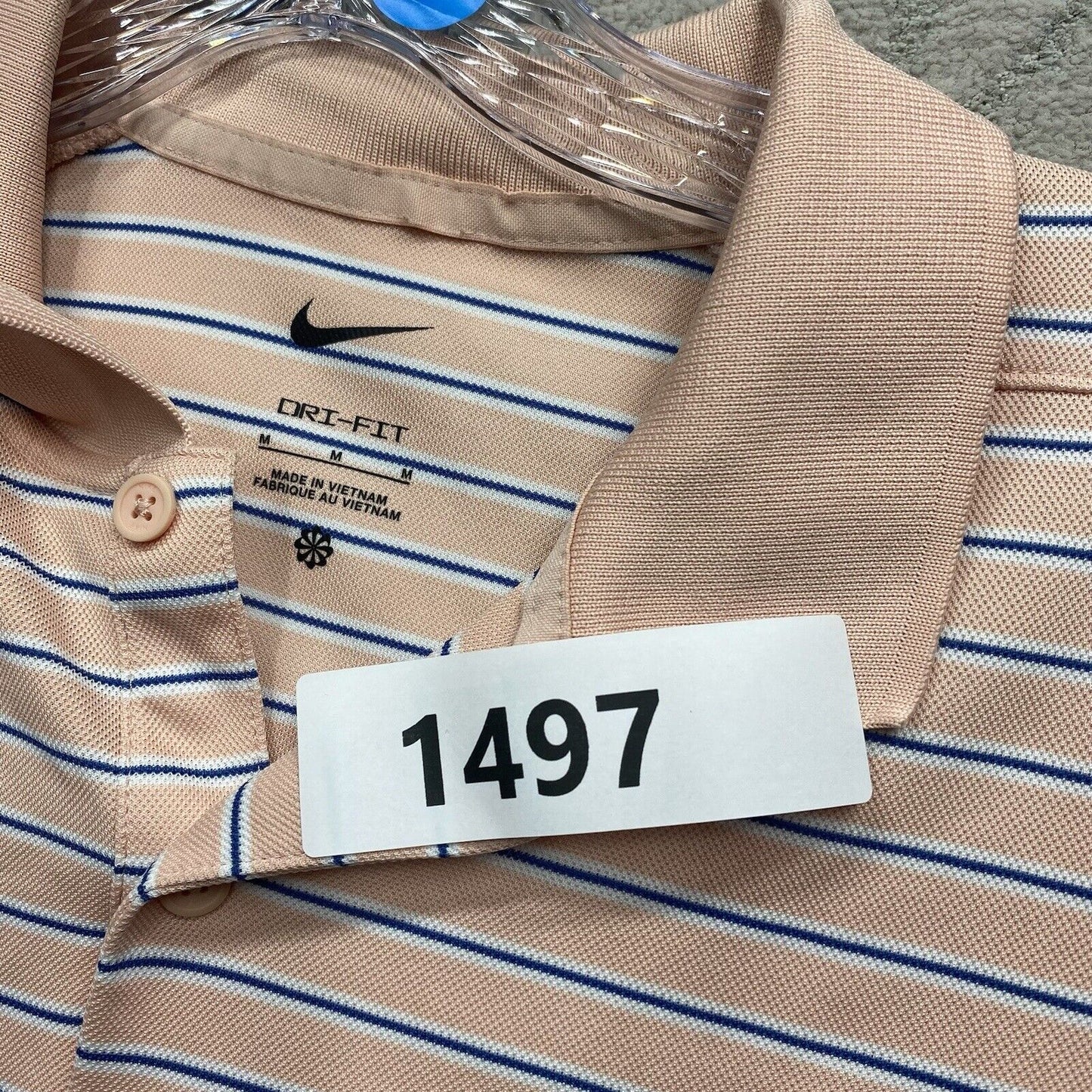 Nike Polo Shirt Mens Medium Pink Stripe Blue White Short Sleeve