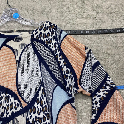 Chicos Blouse Women's Size Blue Short Sleeve Crew Neck Leopard Top